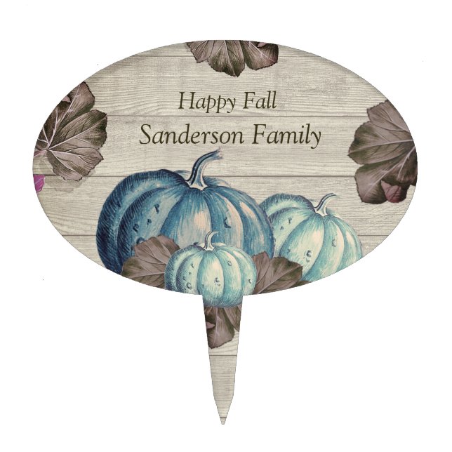 Rustic Cute Gray Wood Autumn Fall Blue Pumpkin  Cake Topper (Front)