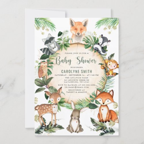  Rustic Cute Greenery Woodland Animal Baby Shower Invitation