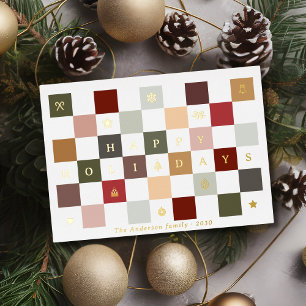 Rustic Cute Happy Holidays Christmas Checkered Foil Holiday Card