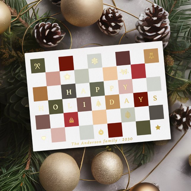 Rustic Cute Happy Holidays Christmas Checkered Foil Holiday Card (Creator Uploaded)