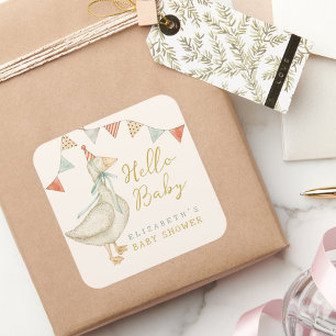 Rustic Cute Hello Baby Duck Baby Shower Square Sticker