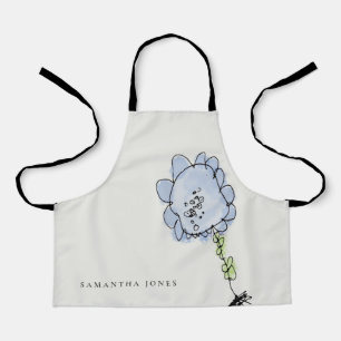 Rustic Cute Kid Drawn Aqua Blue Watercolor Flower Apron