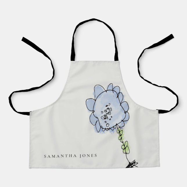 Rustic Cute Kid Drawn Aqua Blue Watercolor Flower Apron (Front)