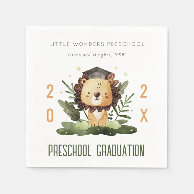 Rustic Cute Kids Lion Foliage Preschool Graduation Napkins (Front)