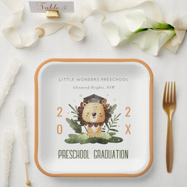 Rustic Cute Kids Lion Foliage Preschool Graduation Paper Plates (Wedding)