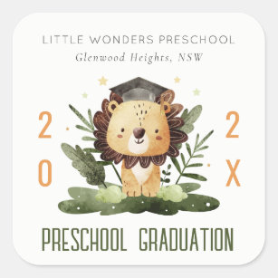 Rustic Cute Kids Lion Foliage Preschool Graduation Square Sticker