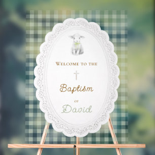 rustic cute lamb sage green gingham Baptism Acrylic Sign