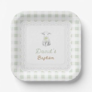rustic cute lamb sage green gingham   Baptism  Paper Plates