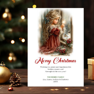 Rustic Cute Little Girl Christmas Scene Greeting  Holiday Card