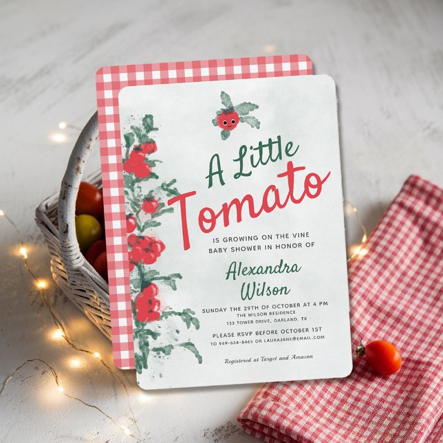 Rustic Cute Little Tomato Watercolor Baby Shower Invitation (rustic baby shower invitation little tomato green red gingham watercolor cute character backyard)