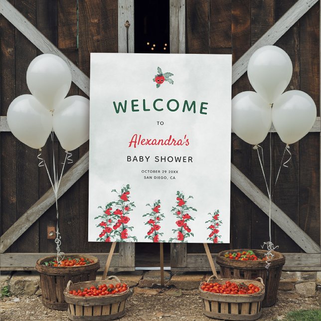 Rustic Cute Little Tomato Welcome Sign Baby Shower (rustic baby shower welcome sign little tomato green red gingham watercolor cute character barn ranch)