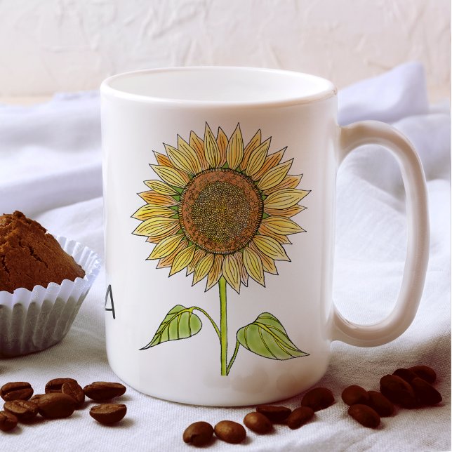 Rustic Cute Personalized Name Watercolor Sunflower Coffee Mug (Creator Uploaded)