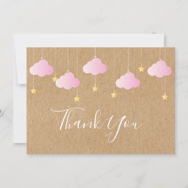Rustic Cute Pink Clouds Gold Stars Thank You Card (Front)