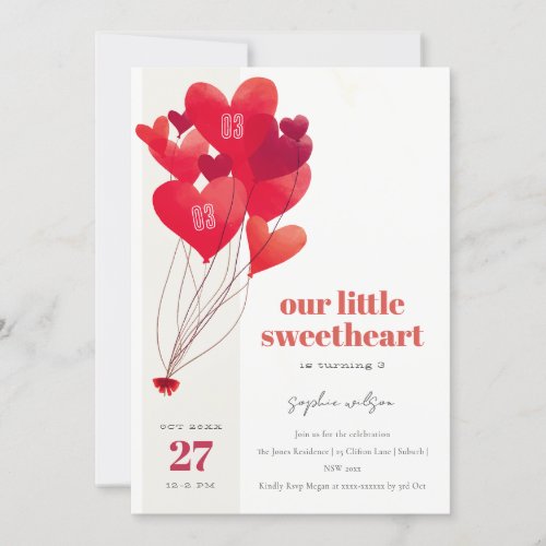 Rustic Cute Red Heart Balloons Sweetheart Birthday Invitation