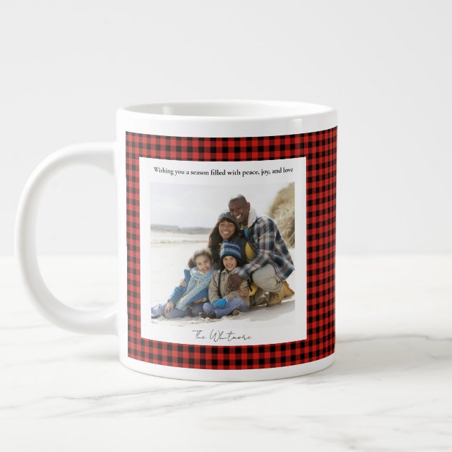 Rustic Cute Red Plaid Monogram 2 Photo Christmas Giant Coffee Mug (Left)