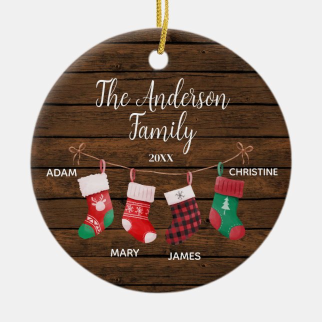 Rustic Cute Socks Family of 4 With Names  Ceramic Ornament (Front)