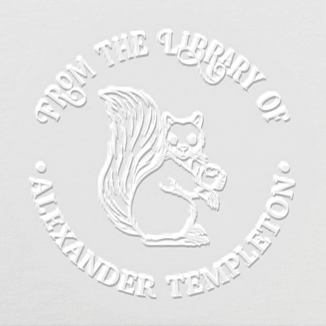 Rustic Cute Squirrel with Nut Library Book Name Embosser (Design)