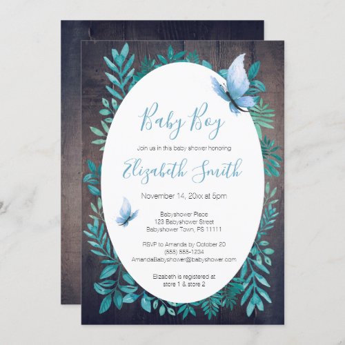 Rustic cute watercolor blue butterfly babyshower invitation