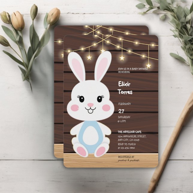 Rustic Cute White Bunny Baby Shower Invitation (Creator Uploaded)