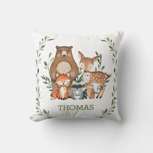 Rustic Cute Woodland Animals Greenery Kids Nursery Throw Pillow