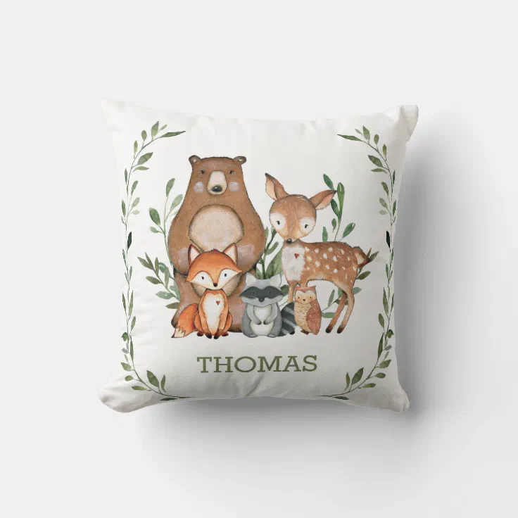 Rustic Cute Woodland Animals Greenery Kids Nursery Throw Pillow | Zazzle