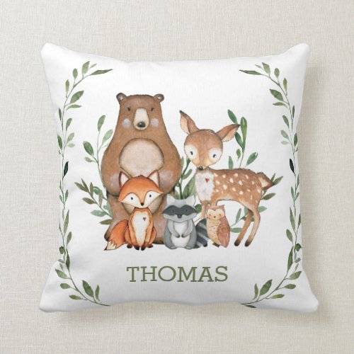 Rustic Cute Woodland Animals Greenery Kids Nursery Throw Pillow