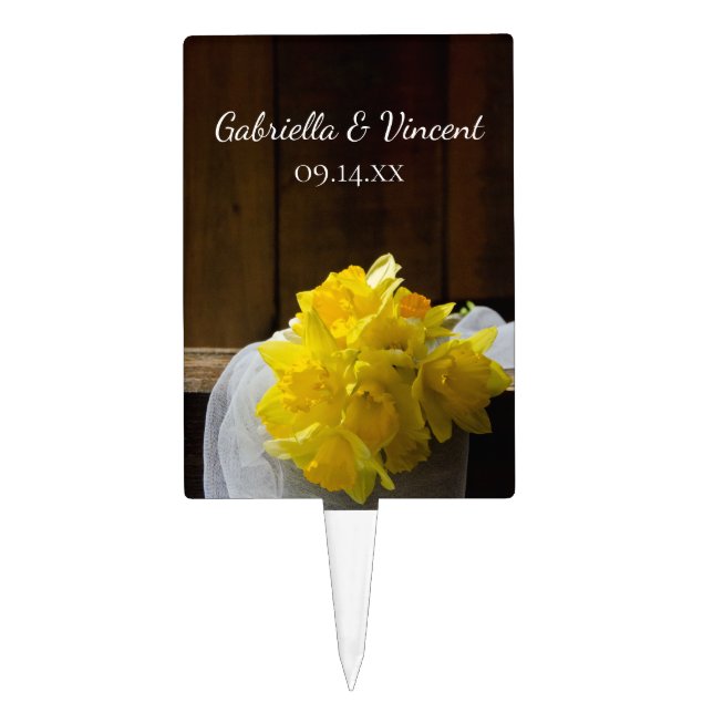 Rustic Daffodils and Barn Wood Country Wedding Cake Topper (Front)