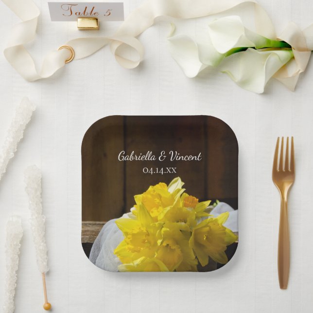 Rustic Daffodils and Barn Wood Country Wedding Paper Plates (Wedding)