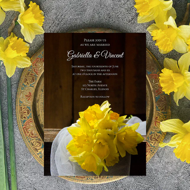 Rustic Daffodils Barn Wood Country Spring Wedding Invitation | Zazzle
