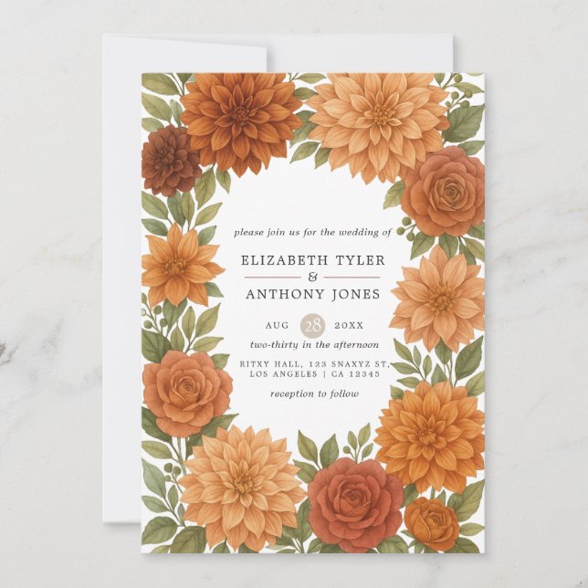 Rustic Dahlia Earthy Fall Tones Watercolor Wedding Invitation (Front)