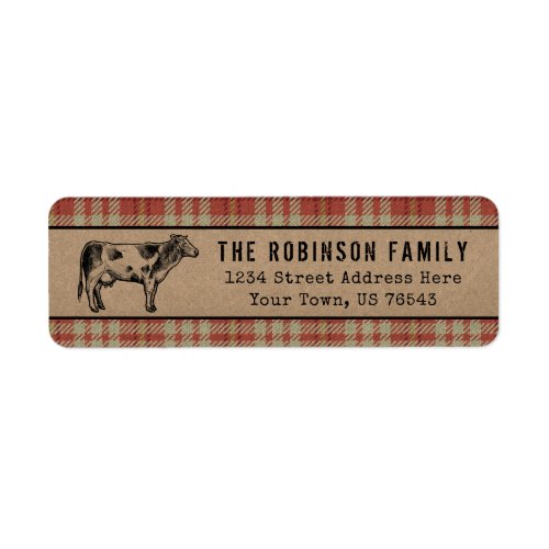 Rustic Dairy Cow Country Red Plaid Kraft Address Label