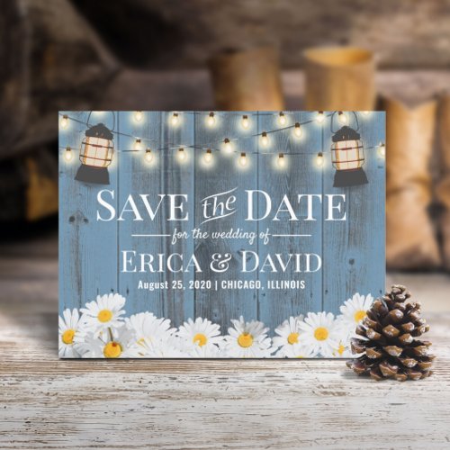 Rustic Daises  Lantern Dusty Blue Save the Date Announcement Postcard