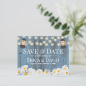 Rustic Daises & Lantern Dusty Blue Save the Date Announcement Postcard (Standing Front)