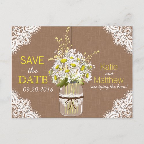 Rustic Daisies and Lace Save the Date Announcement Postcard