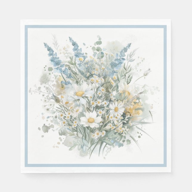 Rustic Daisies & Blue Floral Bridal Shower Napkins (Front)