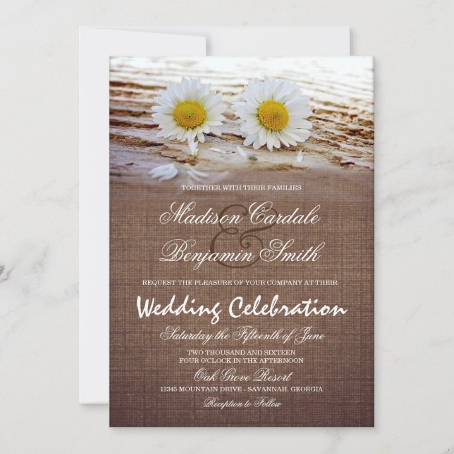 Rustic Daisies Burlap Print Wedding Invitations (Front)