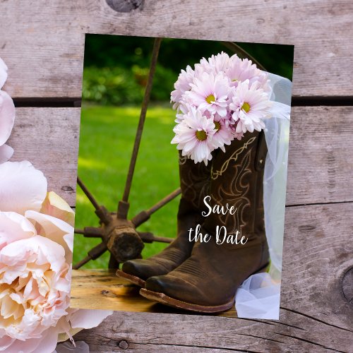 Rustic Daisies Cowboy Boots Wedding Save the Date Announcement Postcard
