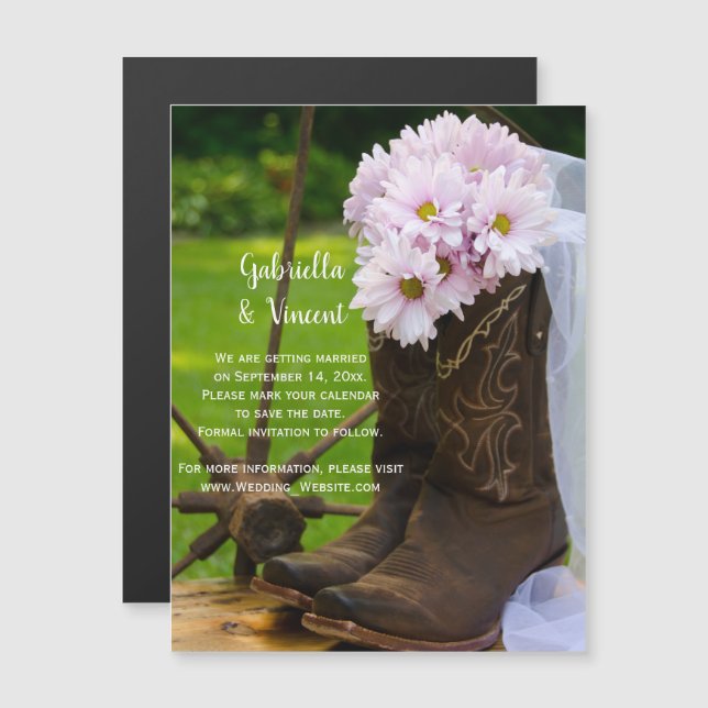 Rustic Daisies Cowboy Boots Wedding Save the Date Magnetic Invitation (Front/Back)