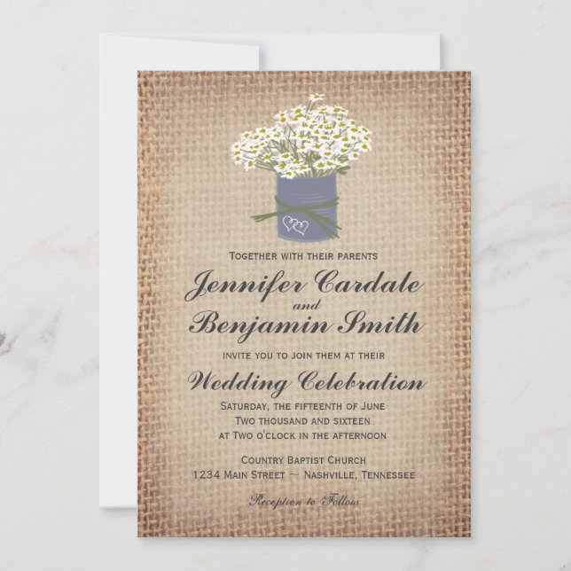 Rustic Daisies Double Hearts Burlap Wedding Invite (Front)