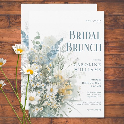 Rustic Daisies  Dusty Blue Floral Bridal Brunch Invitation