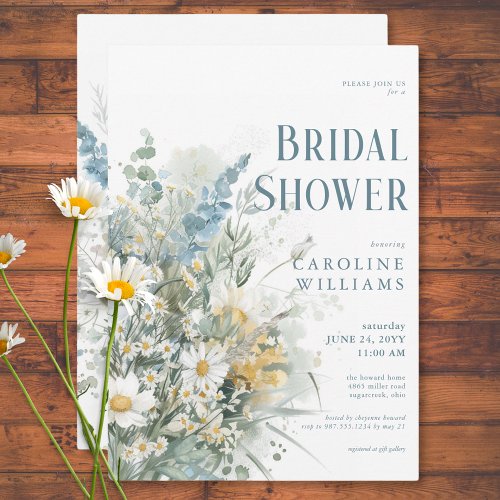 Rustic Daisies  Dusty Blue Floral Bridal Shower Invitation