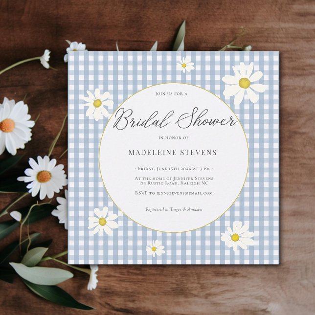 Rustic Daisies Dusty Blue Gingham Bridal Shower Invitation (rustic daisies dusty blue gingham bridal shower invitation modern elegant classy simple backyard)