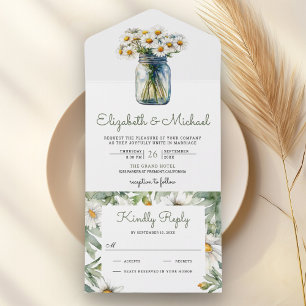 Rustic Daisies Floral Mason Jar Wedding All In One Invitation