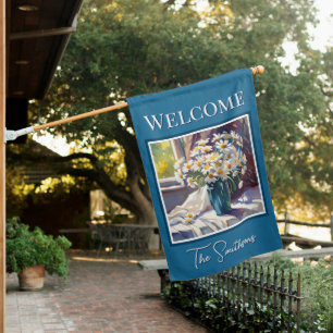 Rustic Daisies in Blue Vase Watercolor House Flag