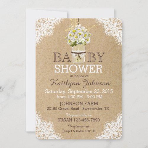 Rustic Daisies Mason Jar Lace Kraft Baby Shower Invitation