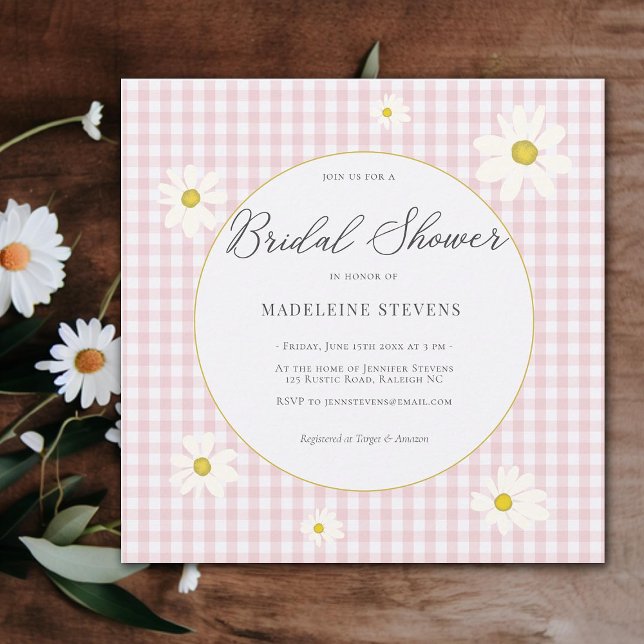 Rustic Daisies Pink Gingham Backyard Bridal Shower Invitation (rustic daisies pink gingham bridal shower invitation backyard country elegant simple modern boho)