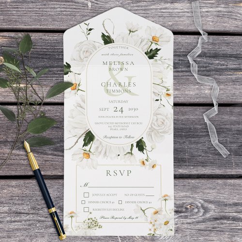 Rustic Daisies  White Flowers Dinner All In One Invitation