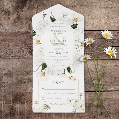 Rustic Daisies  White Flowers No Dinner All In One Invitation