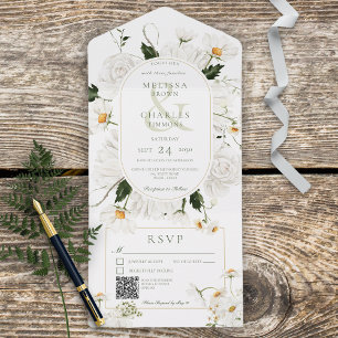 Rustic Daisies & White Flowers QR Code All In One Invitation