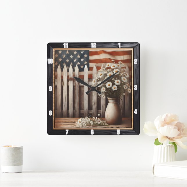 Rustic Daisy American Flag Farmhouse Square Wall Clock (Home)